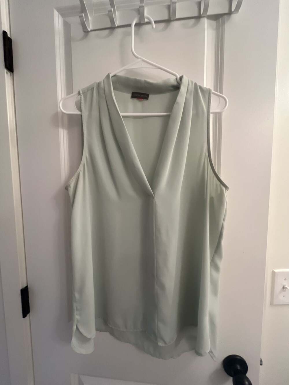Vince Camuto Sleeveless V-Neck Pleat Front Blouse in Sage Green